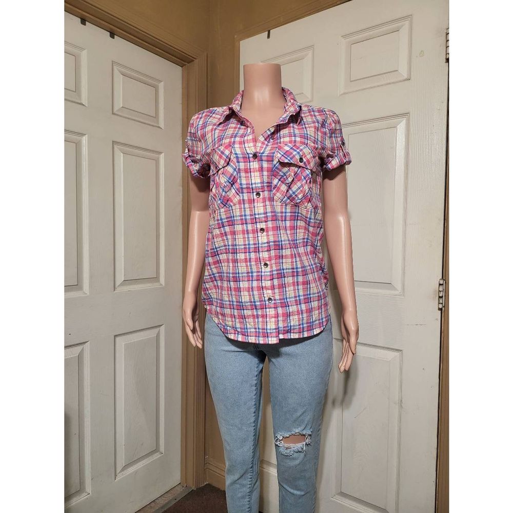 No label Women's pink button down short sleeve plaid top size M